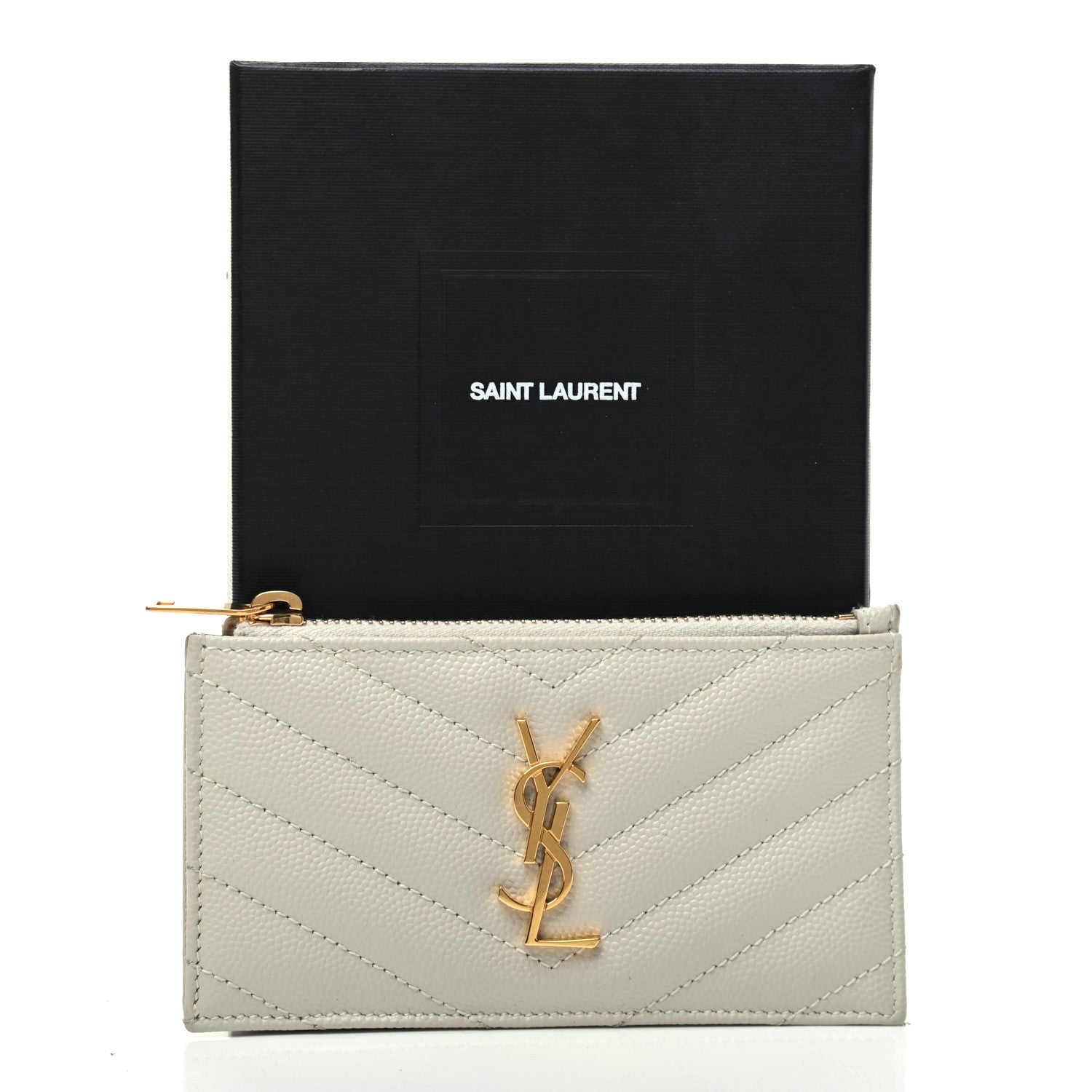 Saint Laurent Grain De Poudre Matelasse Chevron Monogram Fragments Zippered Card Case Crema Soft 8 of 8
