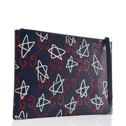 Gucci Calfskin GucciGhost Print Pouch Blue Agata Hibiscus Red 3 of 9