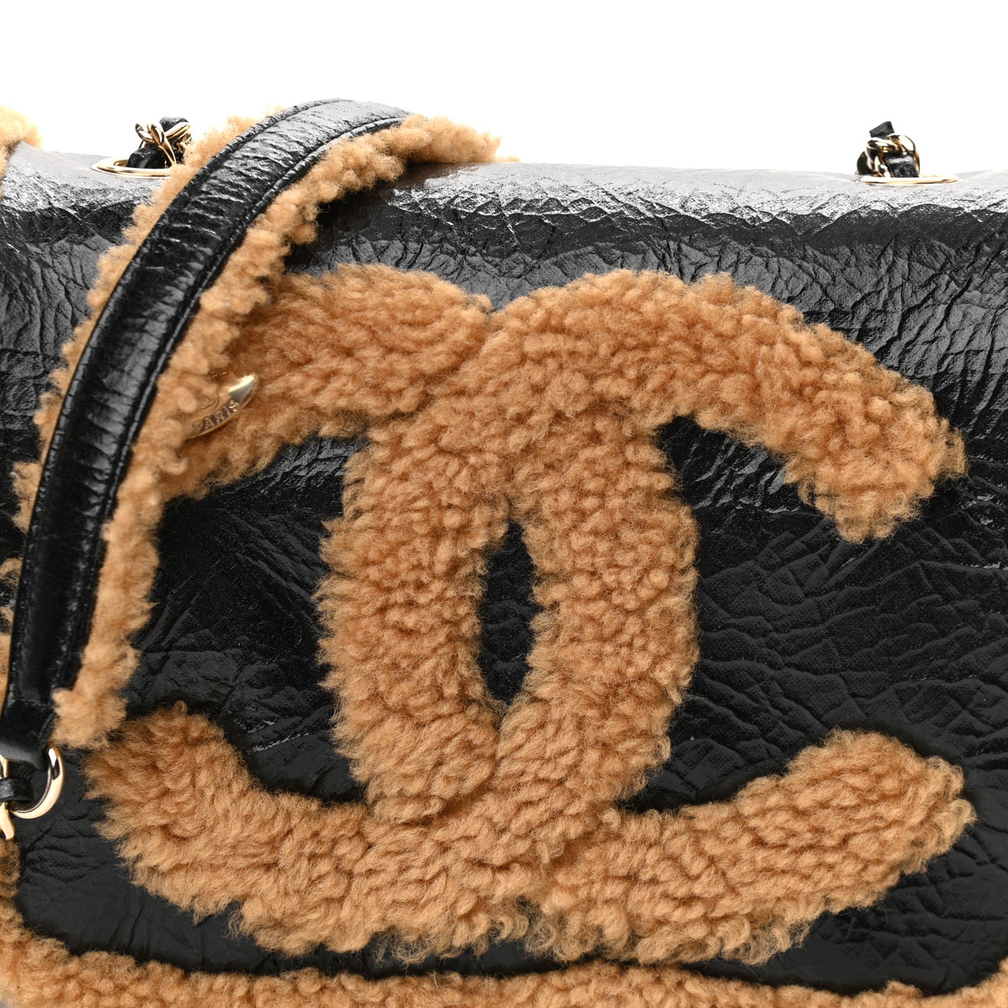 Shiny Crumpled Sheepskin Shearling CC Mania Flap Bag Black Beige