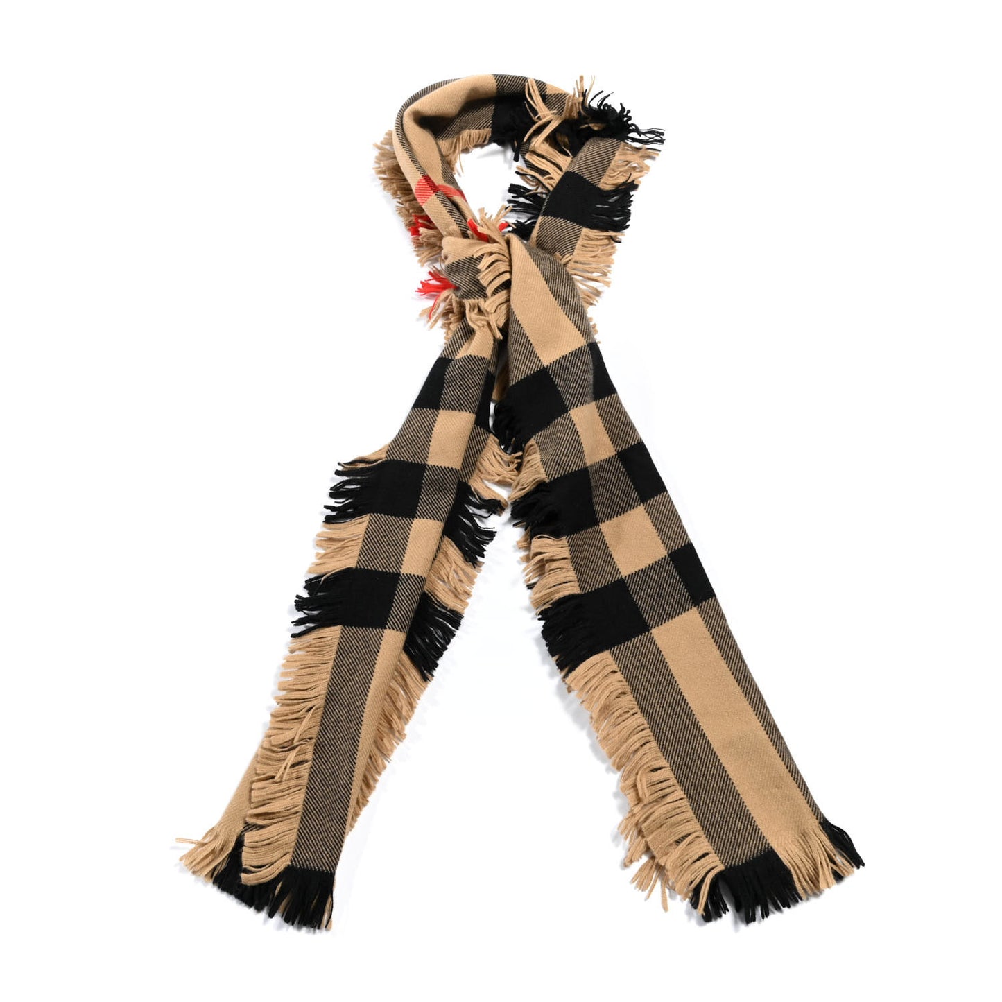 Wool Half Mega Check Fringe Scarf Camel