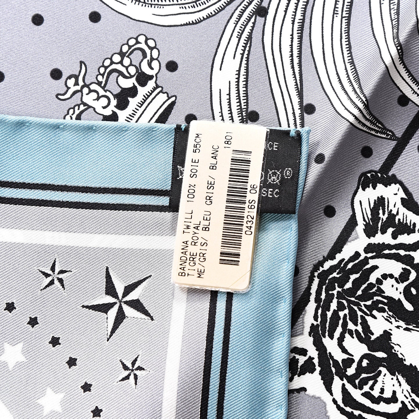 Silk Tigre Royal Bandana Scarf 55 Gris Bleu Grise Blanc