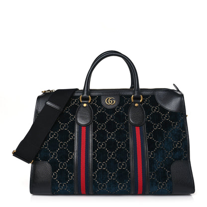 Gucci Velvet GG Monogram Textured Calfskin Web Medium Duffle Bag Blue Beige Black 1 of 9