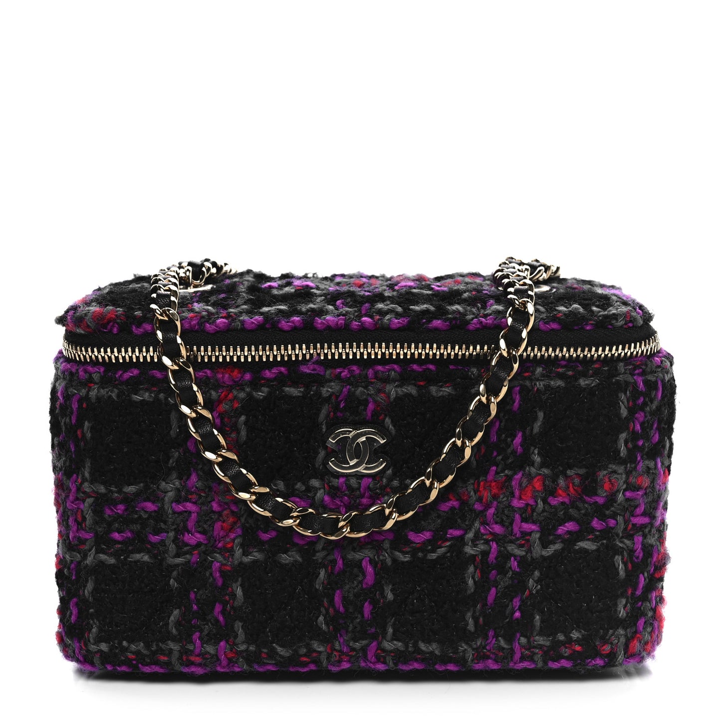 Tweed Quilted Small Vanity Case With Chain Black Purple Green Red