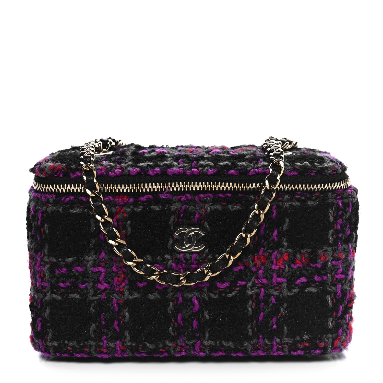 Chanel Tweed Quilted Small Vanity Case With Chain Black Purple Green Red 1 of 11