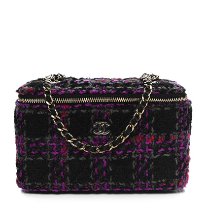 Chanel Tweed Quilted Small Vanity Case With Chain Black Purple Green Red 1 of 11