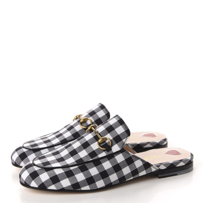 Gucci Cotton Gingham Womens Princetown Slippers 37.5 White Black 3 of 10