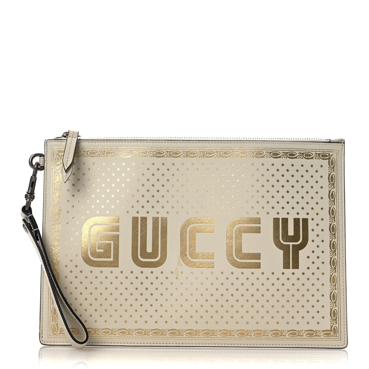 X SEGA Calfskin GUCCY Stars Zip Wristlet Pouch Mystic White Gold
