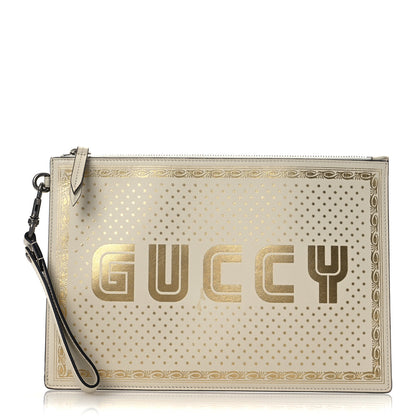 Gucci X SEGA Calfskin GUCCY Stars Zip Wristlet Pouch Mystic White Gold 1 of 11