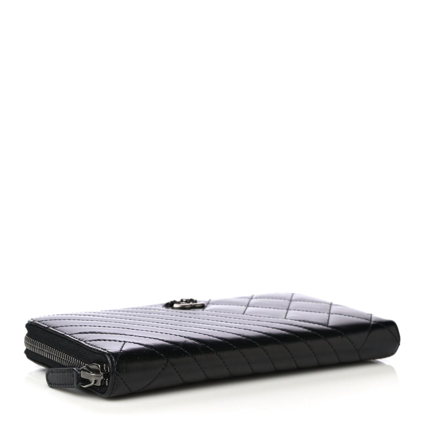Glazed Calfskin Quilted Small Coco Boy Zip Around Wallet Black