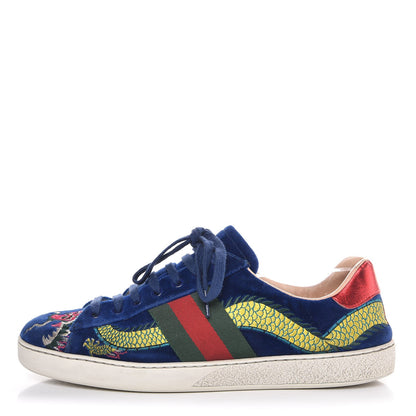 Gucci Velvet Web Dragon Embroidered Mens Ace Sneakers 10.5 Blue 1 of 10