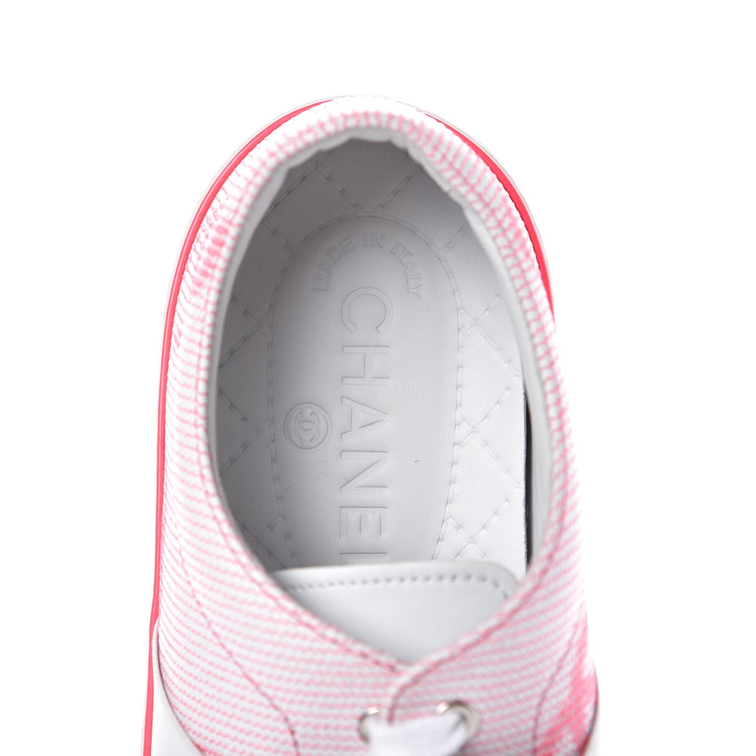Chanel Embroidered Calfskin Womens CC Sneakers 38.5 White Fluo Pink 5 of 10