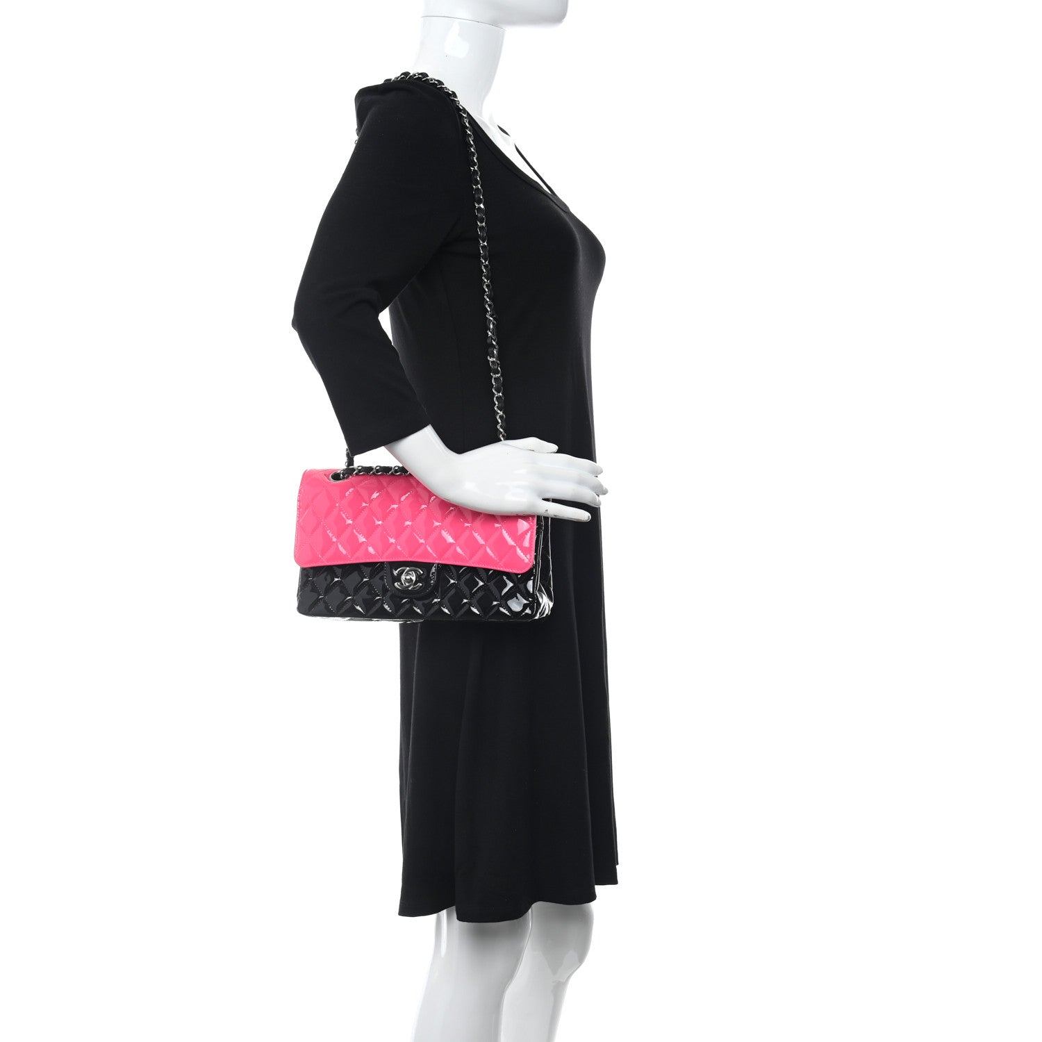 Chanel Patent Calfskin Quilted Bi-Color Medium Double Flap Pink Black 2 of 10