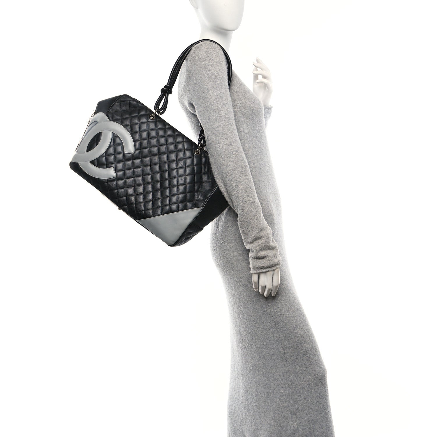 Chanel Calfskin Quilted Jumbo Cambon Bowler Black Grey 2 of 13