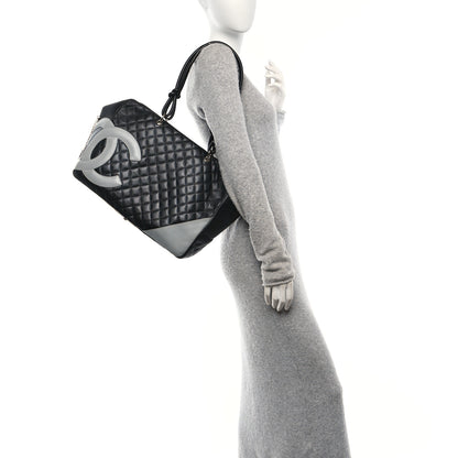 Chanel Calfskin Quilted Jumbo Cambon Bowler Black Grey 2 of 13