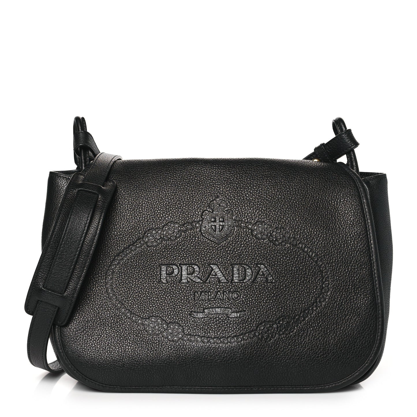 Vitello Daino Embossed Logo Flap Shoulder Bag Black