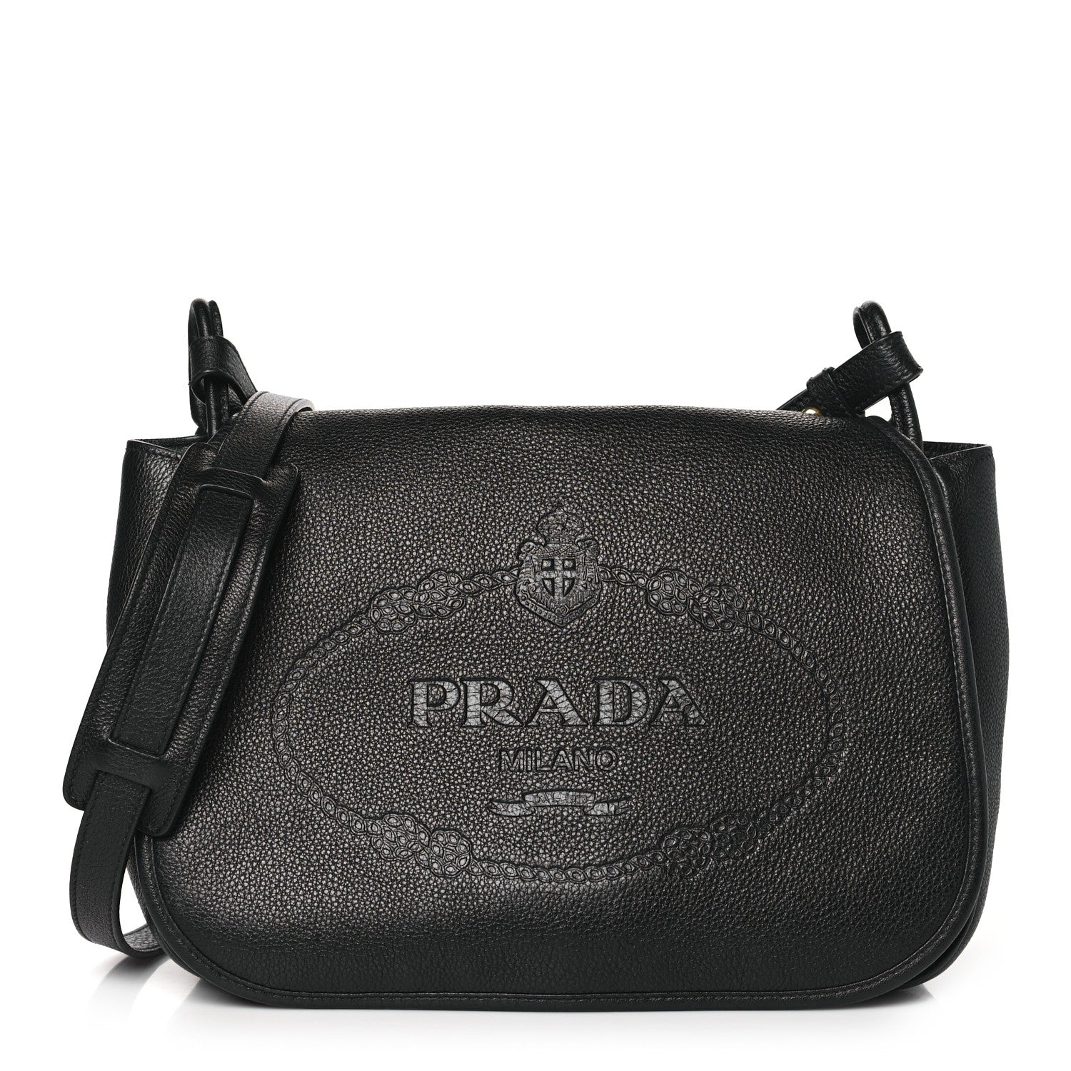 Prada Vitello Daino Embossed Logo Flap Shoulder Bag Black 1 of 11