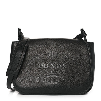 Prada Vitello Daino Embossed Logo Flap Shoulder Bag Black 1 of 11
