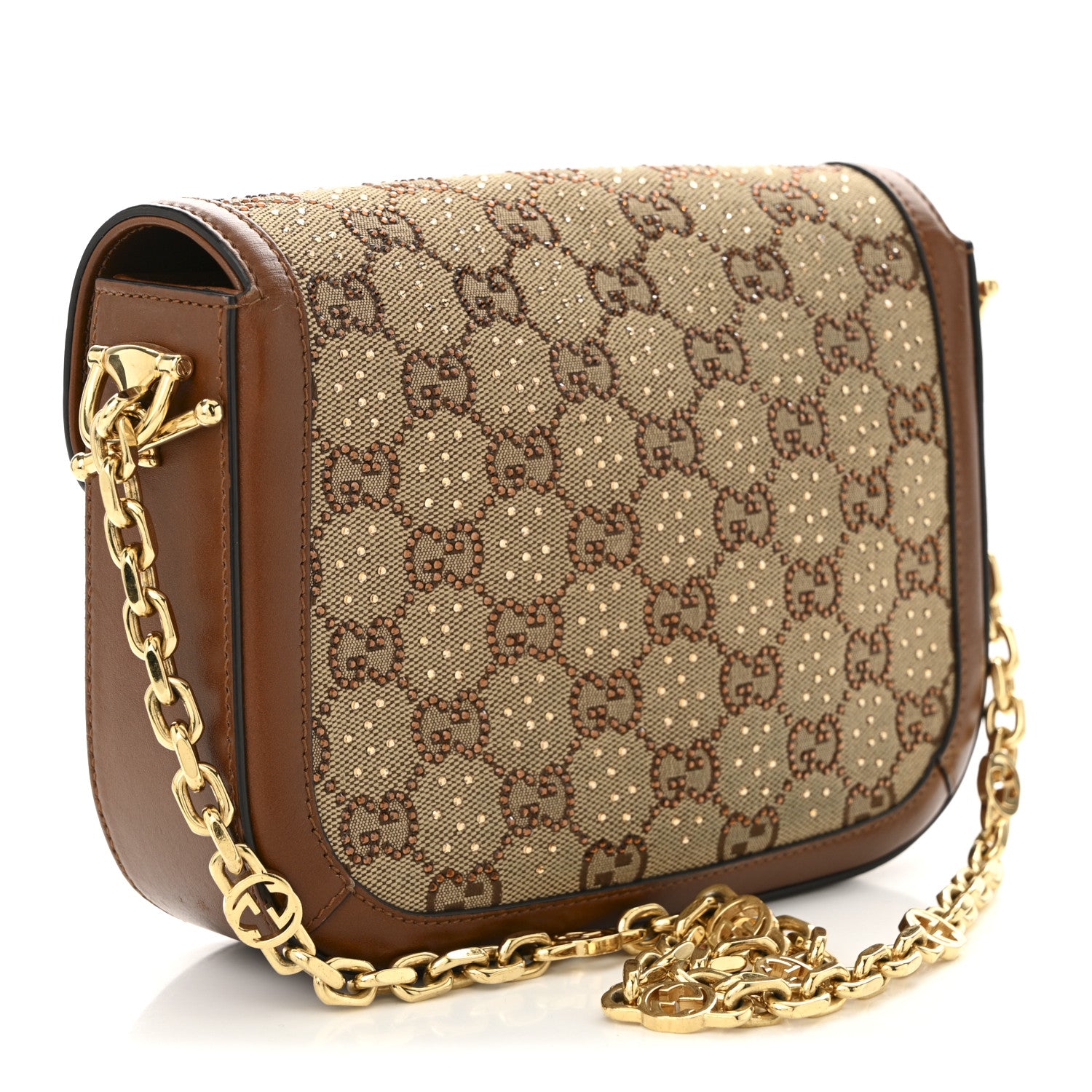 Gucci New Canvas Charisma Calfskin Crystal GG Monogram Mini Horsebit 1955 Shoulder Bag Camel Ebony 3 of 10