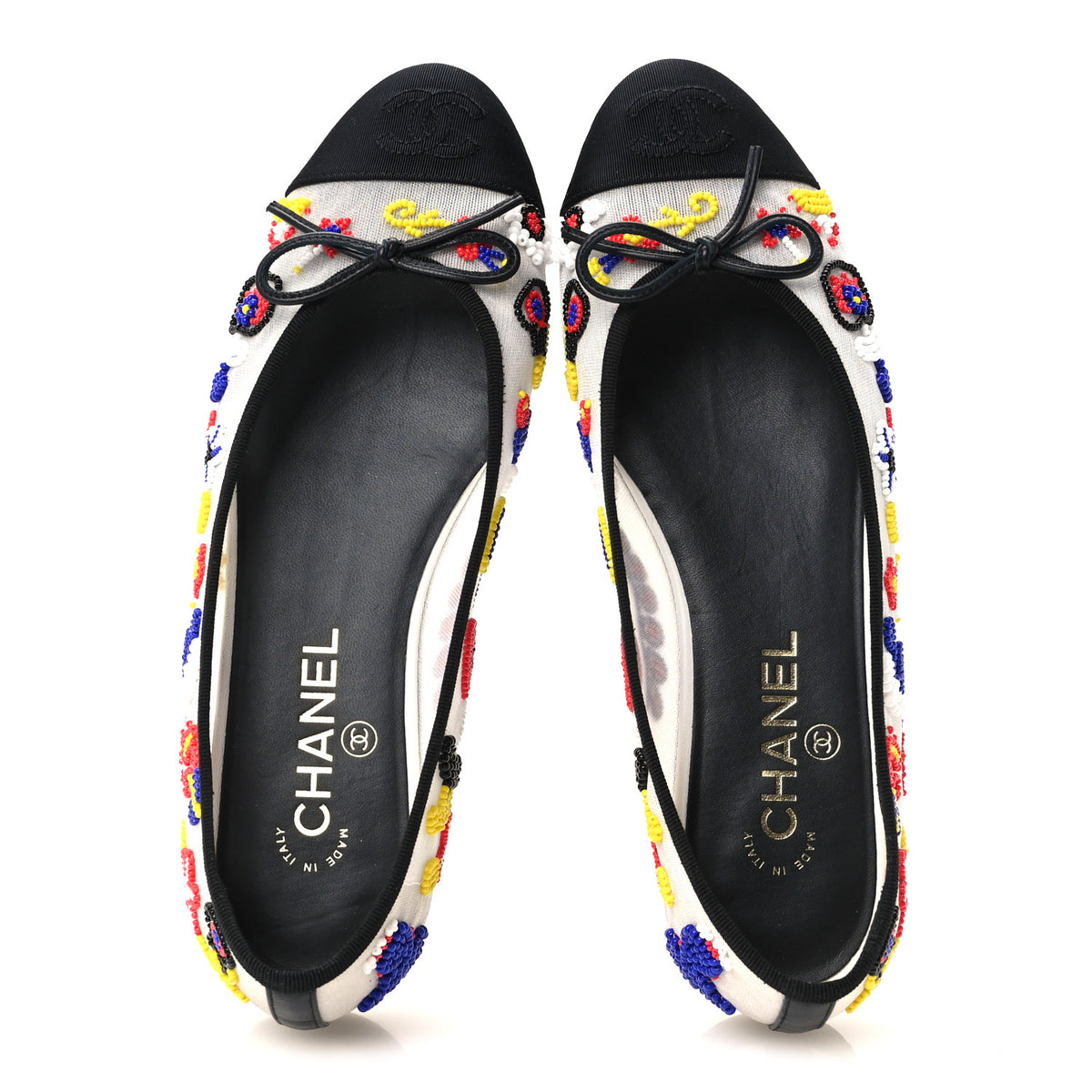 Mesh Pearl Grosgrain Cap Toe CC Coco Beach Ballerina Flats 39 Multicolor Black