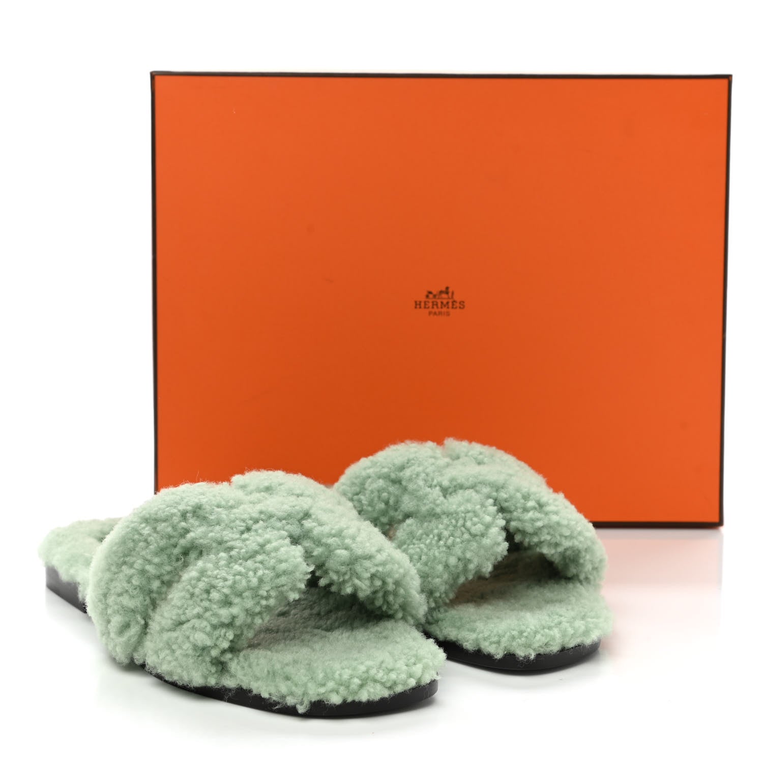 Hermes Woolskin Oran Sandals 37.5 Vert D’Eau 8 of 8