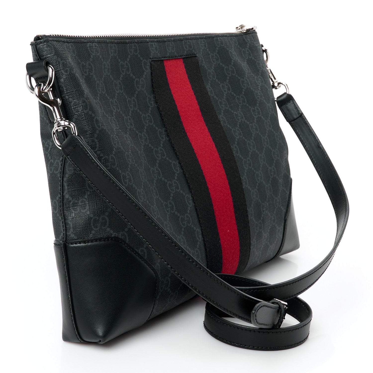 Gucci Soft GG Supreme Monogram Appia Calfskin Web East West Messenger Bag Black Grey 3 of 11