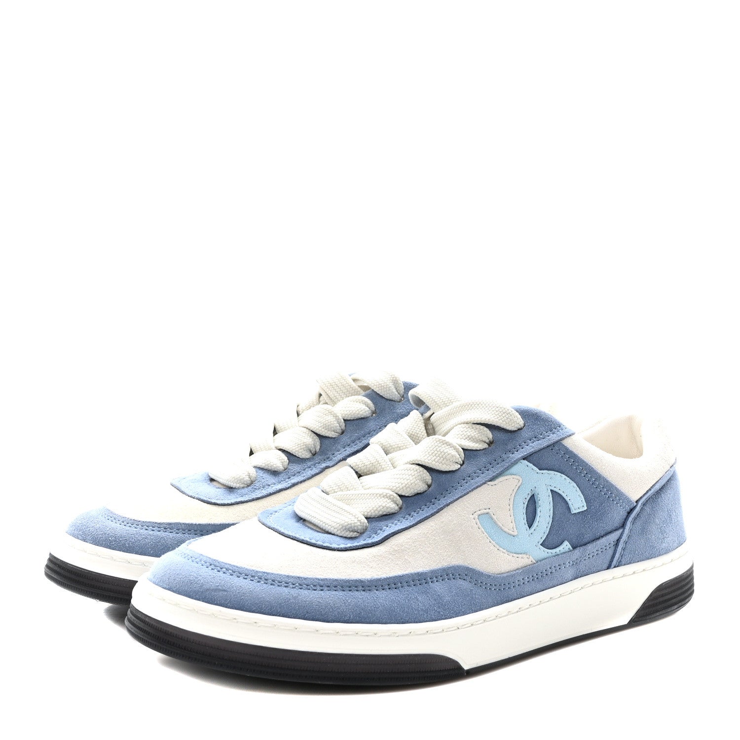 Chanel Suede Kidskin Womens CC Sneakers 37.5 White Blue 4 of 8