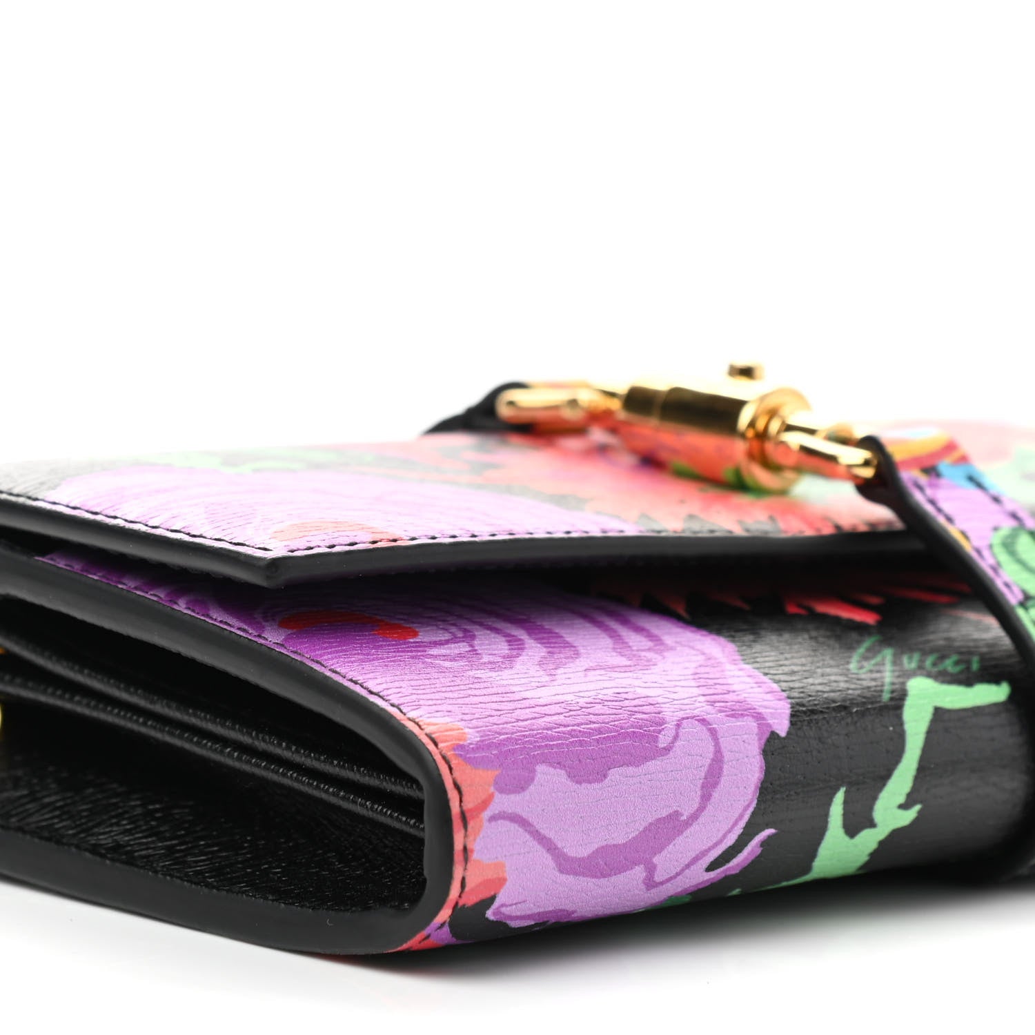 Gucci X KEN SCOTT New Shangai Calfskin Jenny Floral Print Jackie 1961 Chain Wallet Black Pink 7 of 8