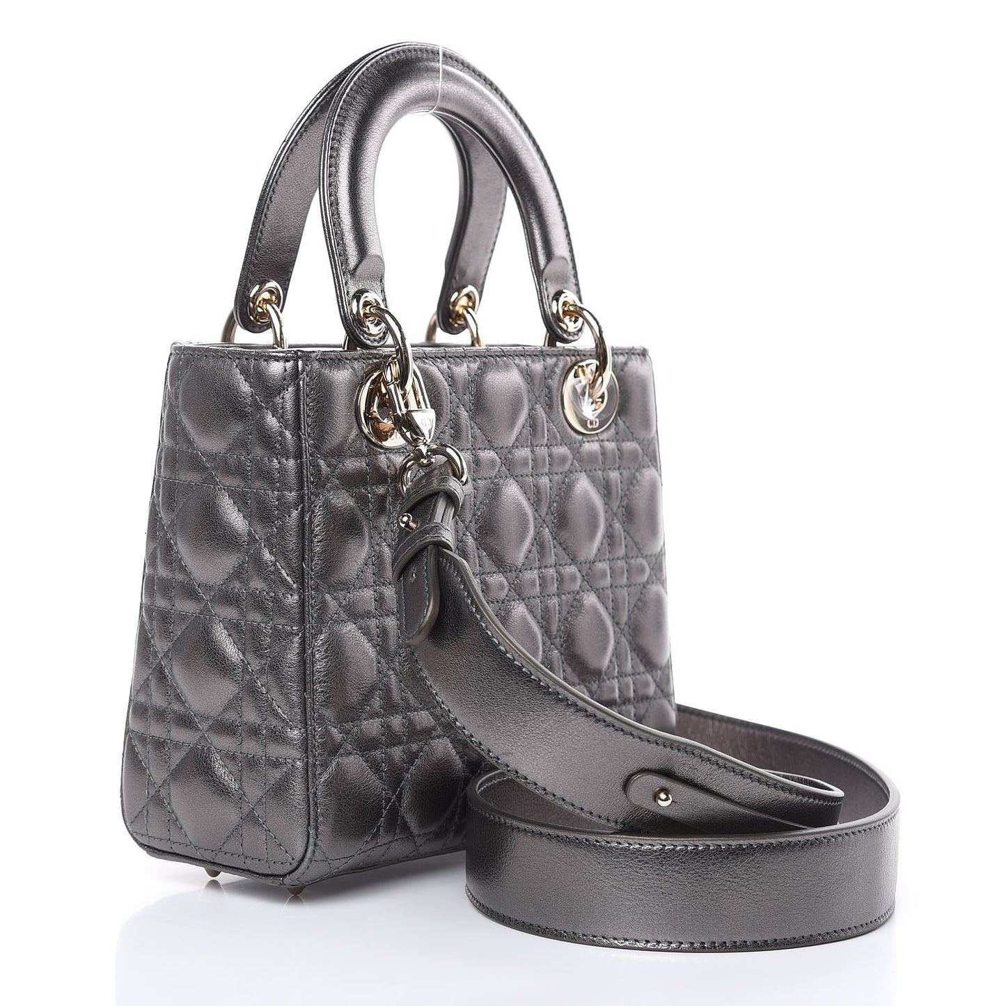 Metallic Grained Calfskin Cannage Small Lady Dior Gunmetal