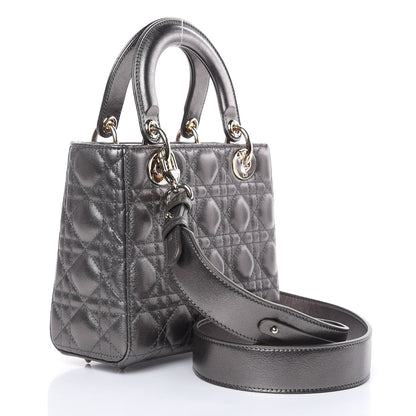 Christian Dior Metallic Grained Calfskin Cannage Small Lady Dior Gunmetal 3 of 9