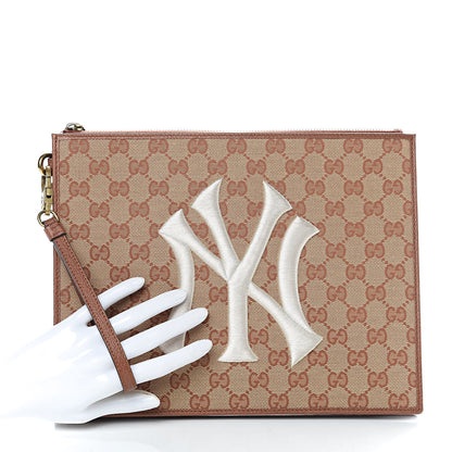 Gucci X MLB GG Monogram NY Yankees Zip Wristlet Pouch Beige Ruggine Ivory 2 of 8