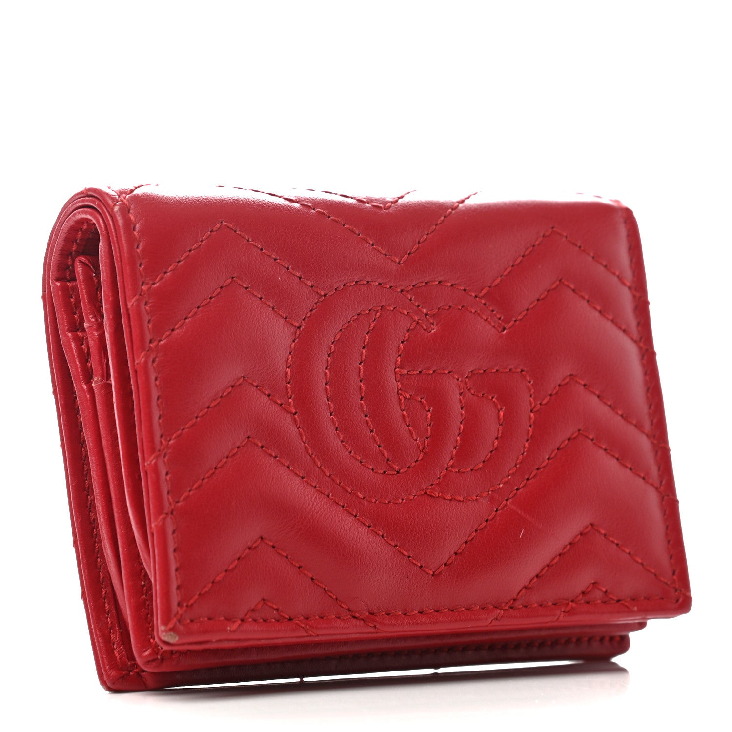 Gucci Calfskin Matelasse GG Marmont Card Case Wallet Hibiscus Red 2 of 7
