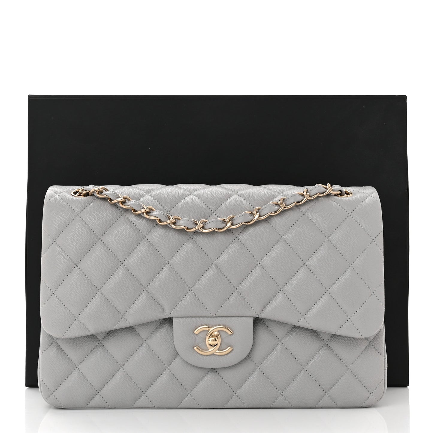 Caviar Quilted Jumbo Double Flap Grey