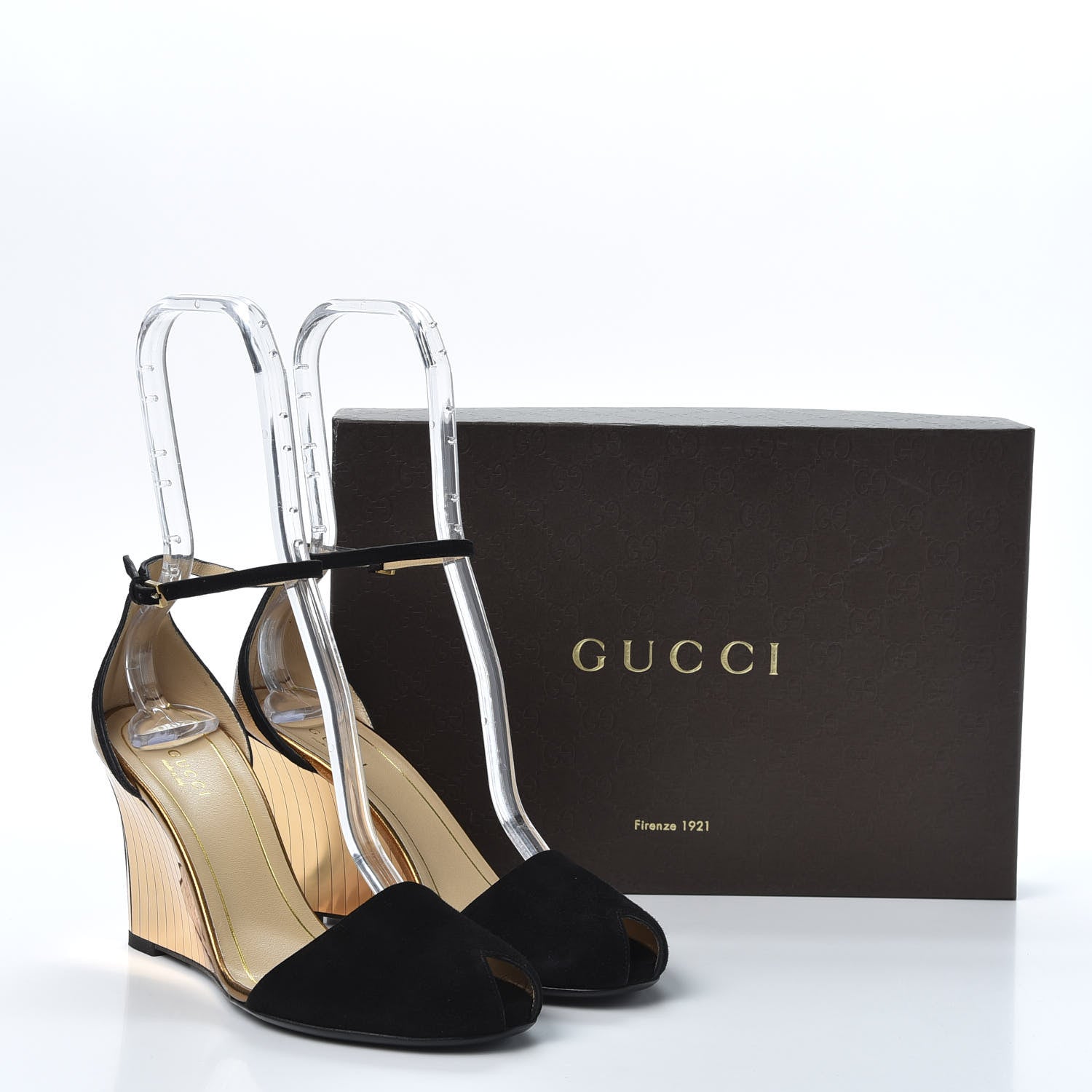 Gucci Suede Delphine Mirrored Mid Heel Strap Wedge Sandal 37.5 Black Gold 9 of 9