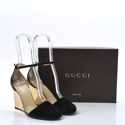 Gucci Suede Delphine Mirrored Mid Heel Strap Wedge Sandal 37.5 Black Gold 9 of 9