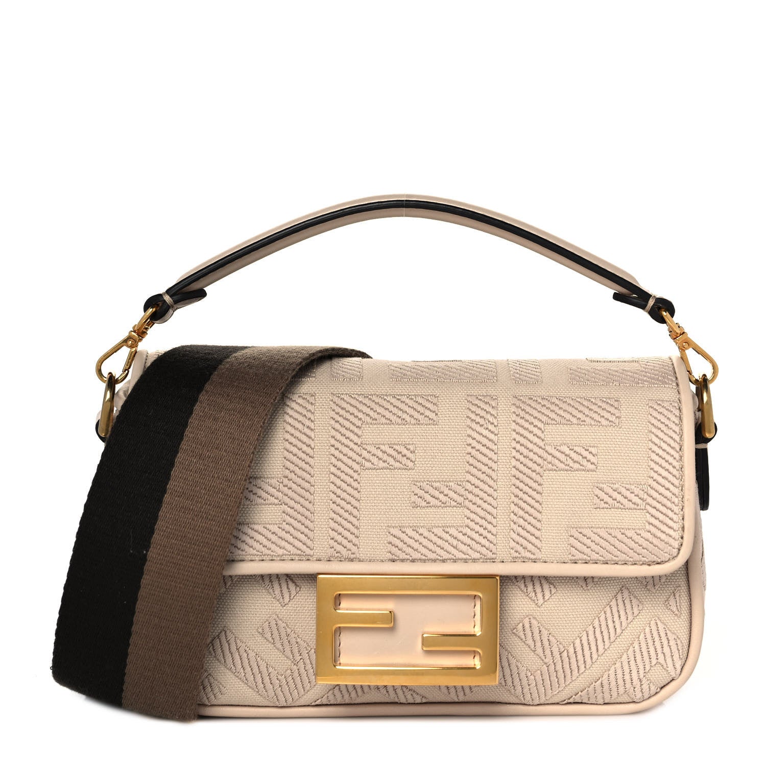 Fendi Canvas Vitello King Bi-Color Strap FF Embroidered Mini Baguette Poudre 1 of 9