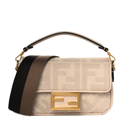 Fendi Canvas Vitello King Bi-Color Strap FF Embroidered Mini Baguette Poudre 1 of 9