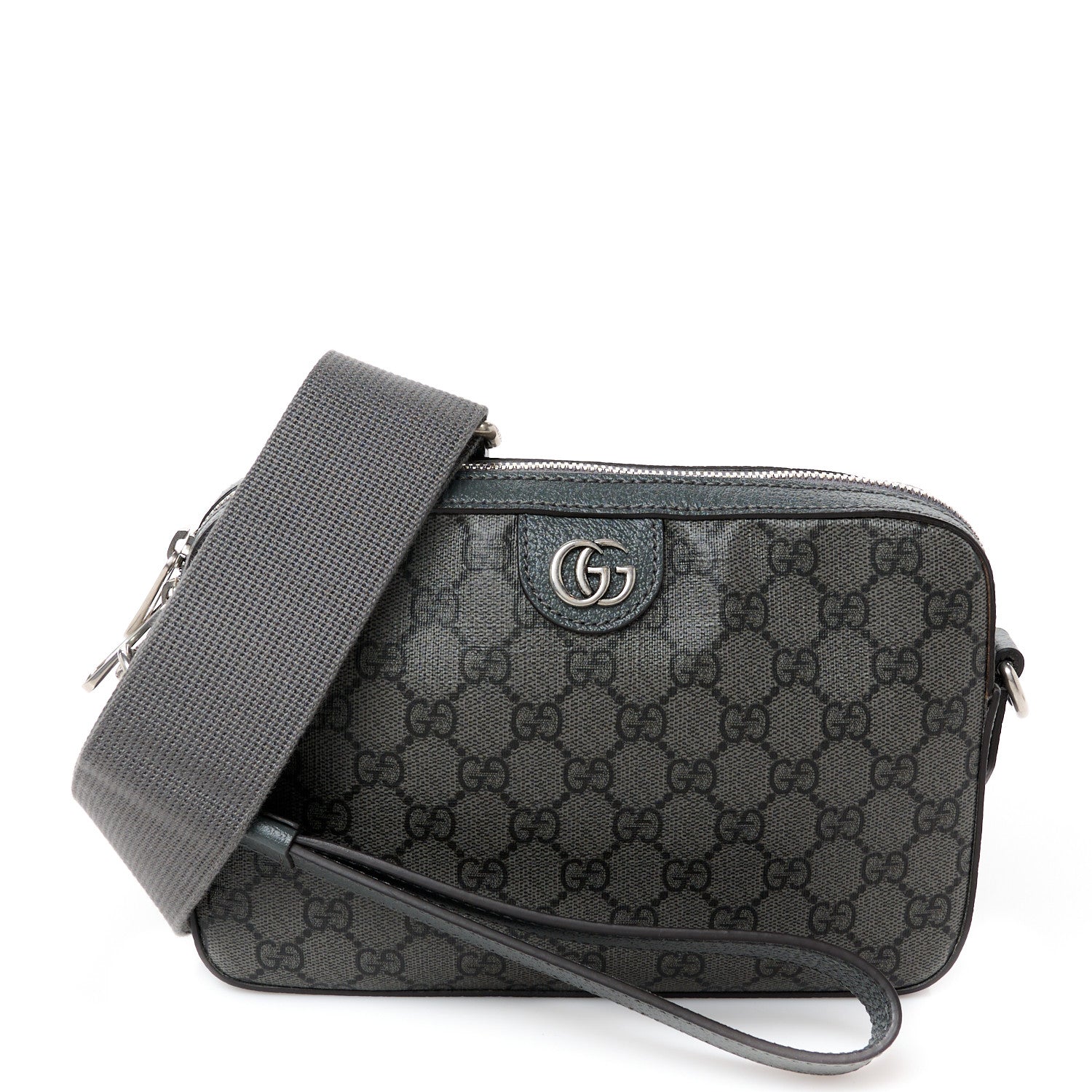 Gucci GG Supreme Monogram Textured Dollar Calfskin Web Ophidia Wristlet Shoulder Bag Grey Black Graphite Grey 1 of 11