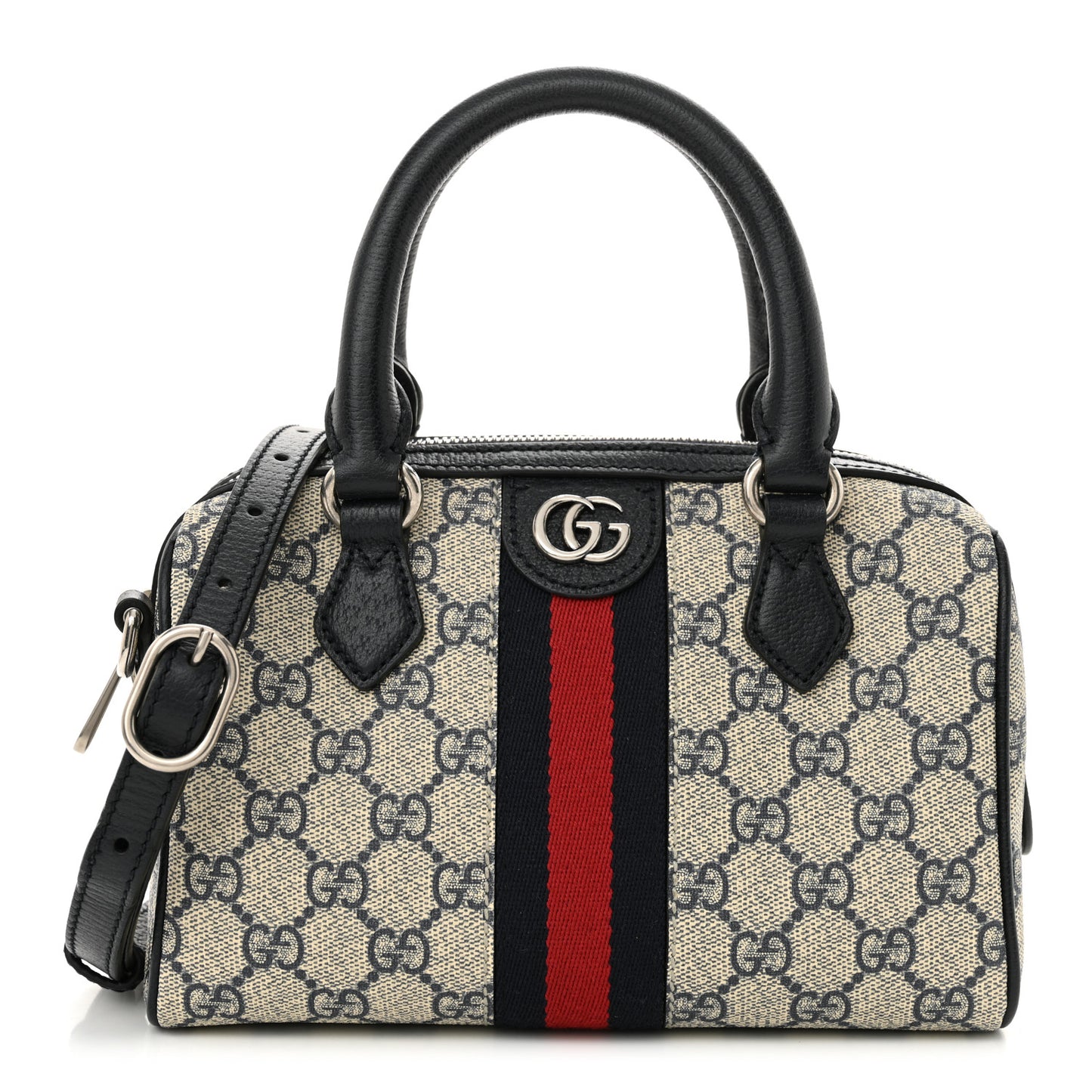 GG Supreme Monogram Textured Dollar Calfskin Web Mini Ophidia Top Handle Bag Beige Blue
