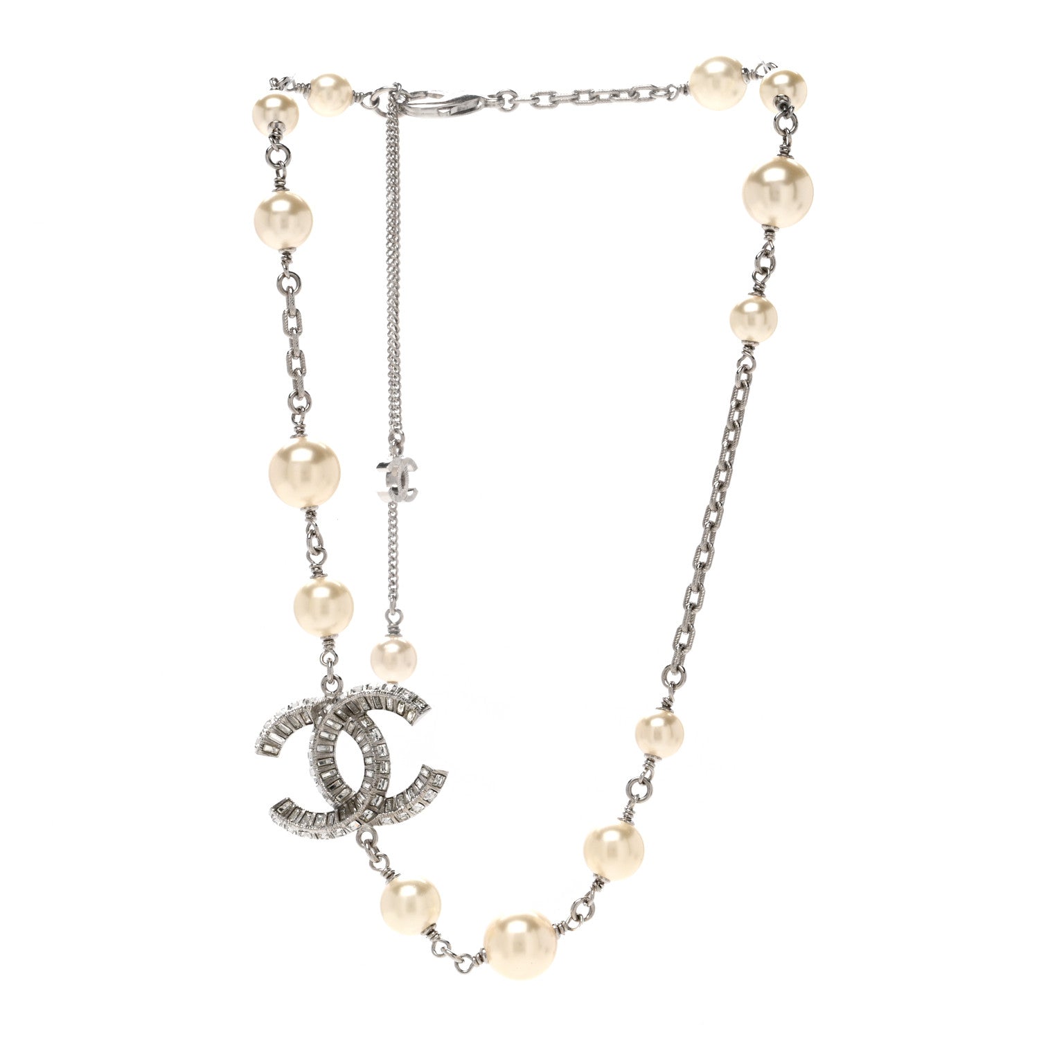 Chanel Pearl Crystal Baguette CC Short Necklace Silver 3 of 5