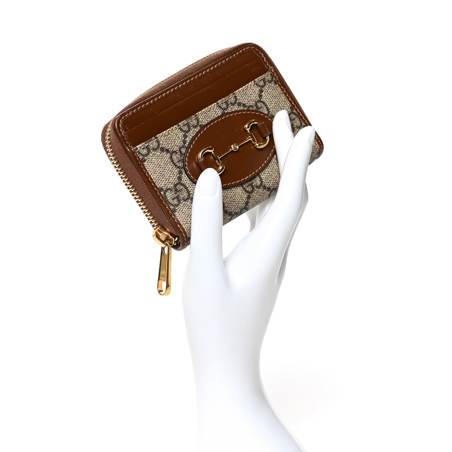 Gucci GG Supreme Monogram Azalea Calfskin Horsebit 1955 Zip Around ID Card Case Wallet Beige Ebony Brown Sugar 2 of 7