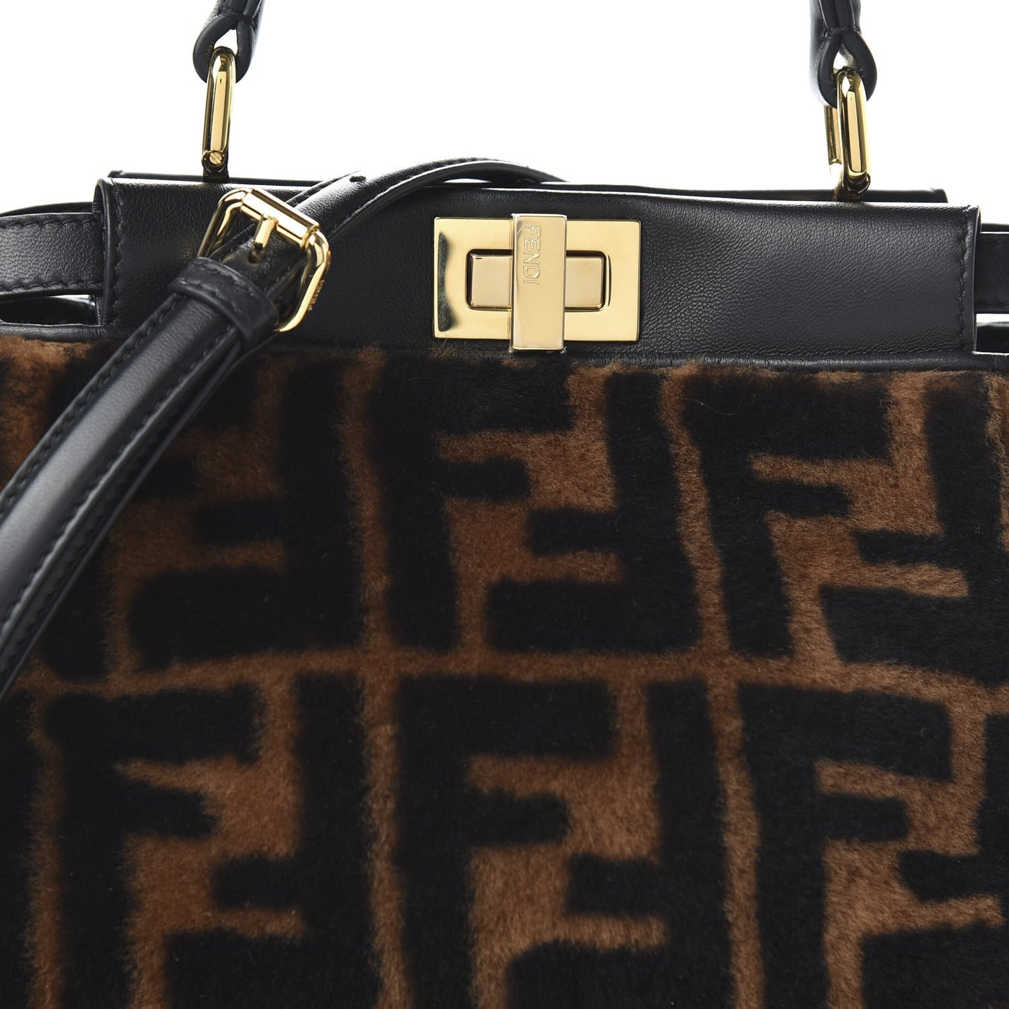Shearling Nappa Macro FF 1974 Mini Peekaboo Iconic Satchel Tobacco Black