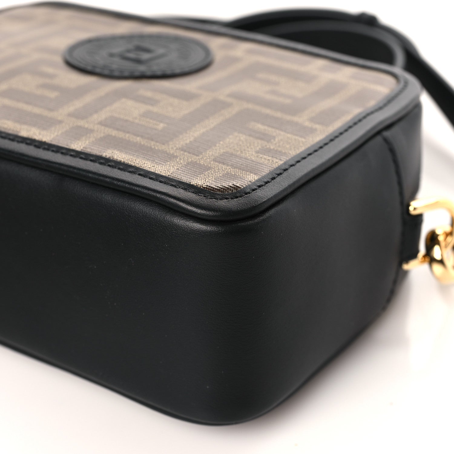 Fendi Glazed Fabric Vitello Century FF 1974 Stamp Patch Mini Camera Case Mogano Panna Black 6 of 9