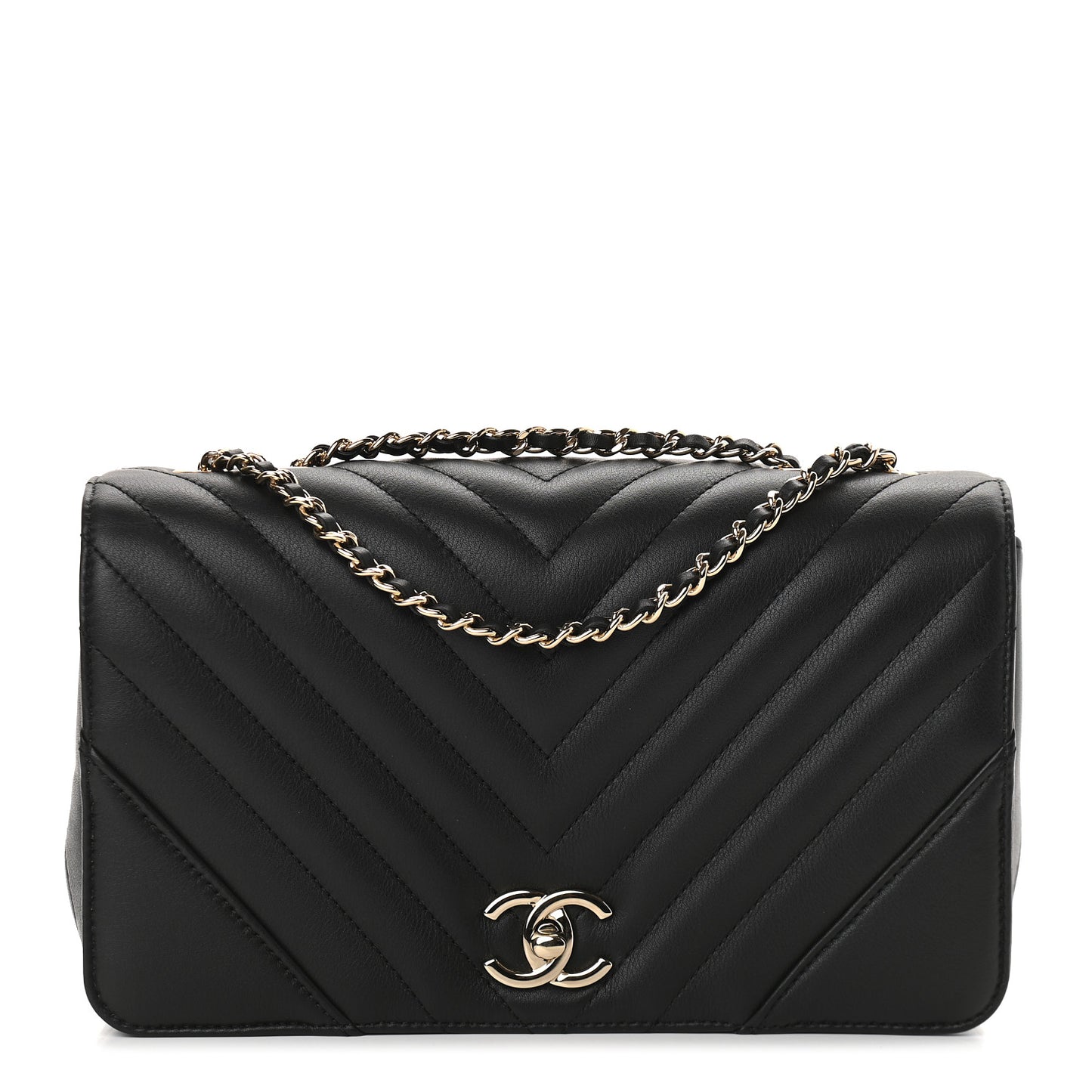 Calfskin Chevron Quilted Small Statement Flap Black
