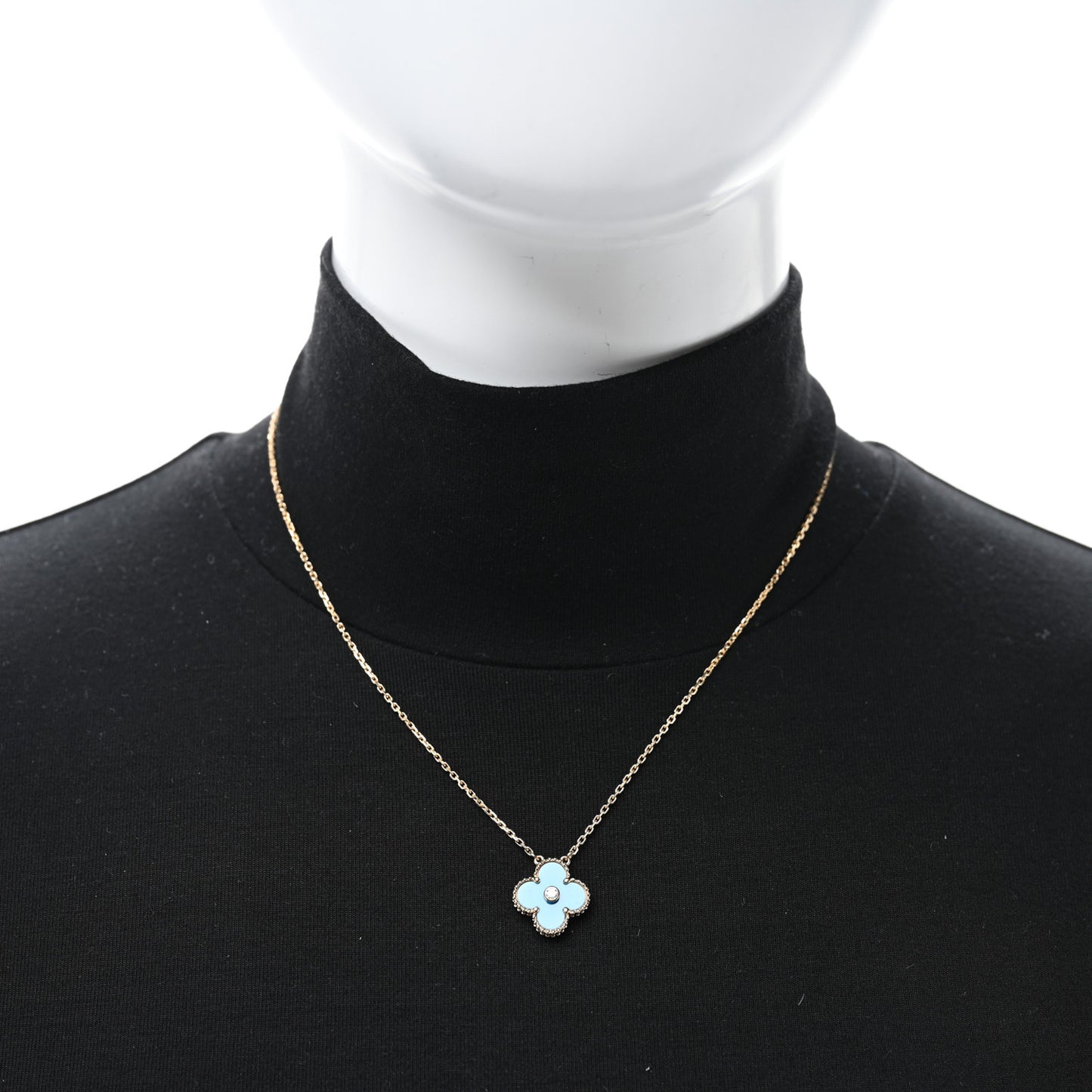 18K Yellow Gold Diamond Celestial Blue Sevres Porcelain Vintage Alhambra Pendant Necklace