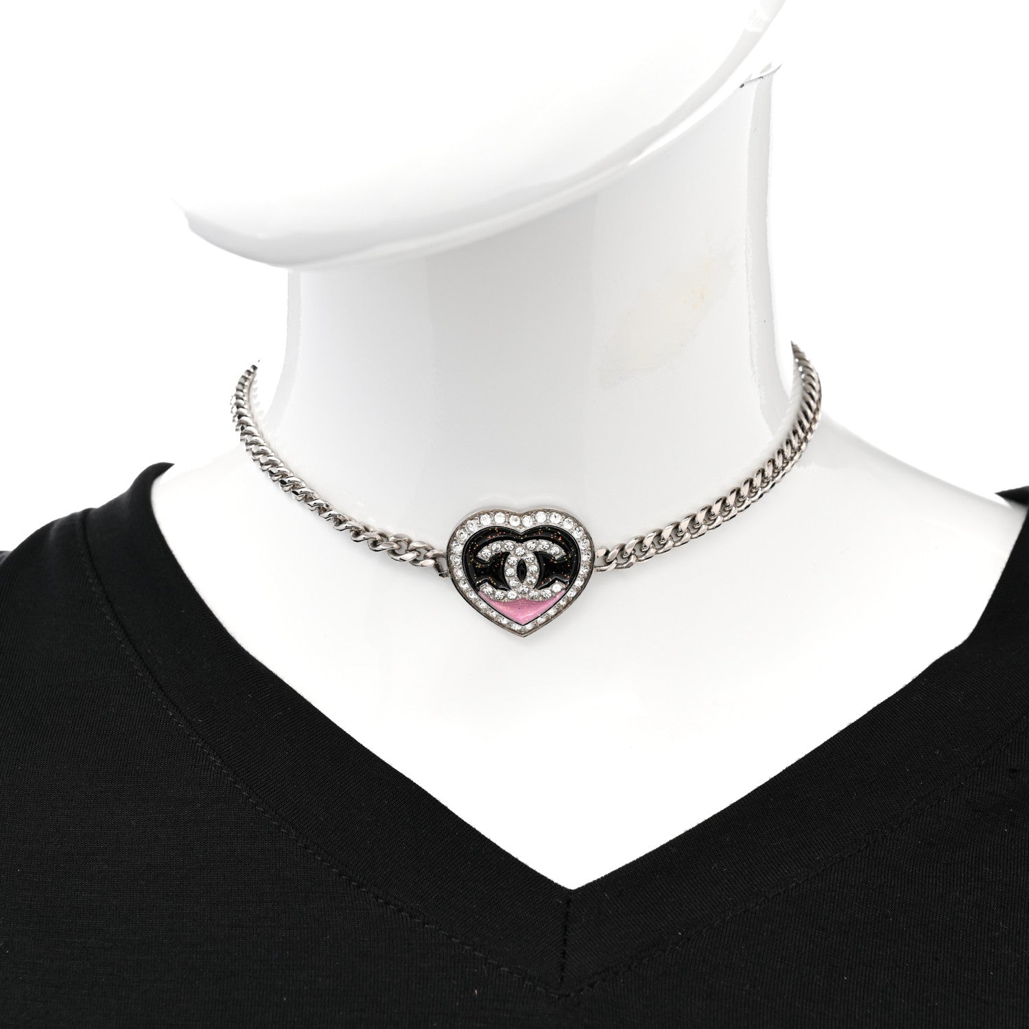 Chanel Resin Crystal Glitter CC Heart Necklace Silver 2 of 7