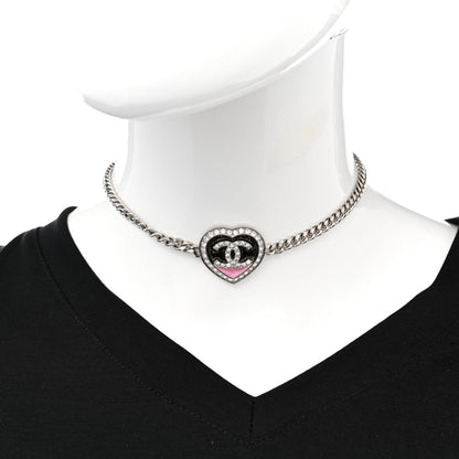 Chanel Resin Crystal Glitter CC Heart Necklace Silver 2 of 7