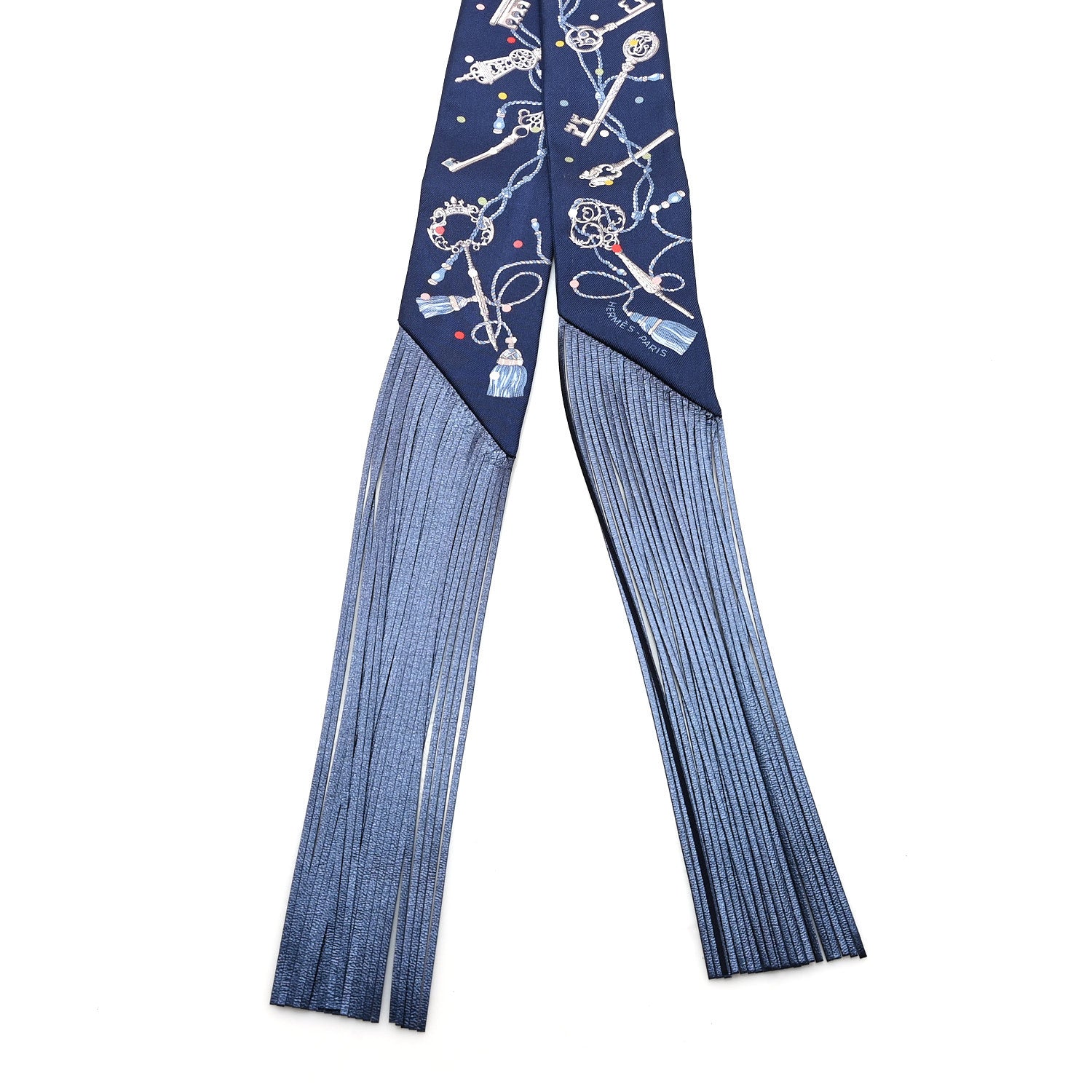 Hermes Silk Calfskin Les Cles A Pois Fringed Twilly Bleu Marine