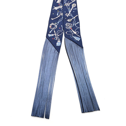 Hermes Silk Metallic Agneau Les Cles A Pois Fringed Twilly Bleu Marine Gris Argent Multicolor 2 of 3