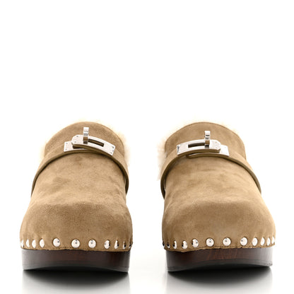Hermes Suede Goatskin Woolskin Carlotta Mules 37 Beige Gobi 2 of 9
