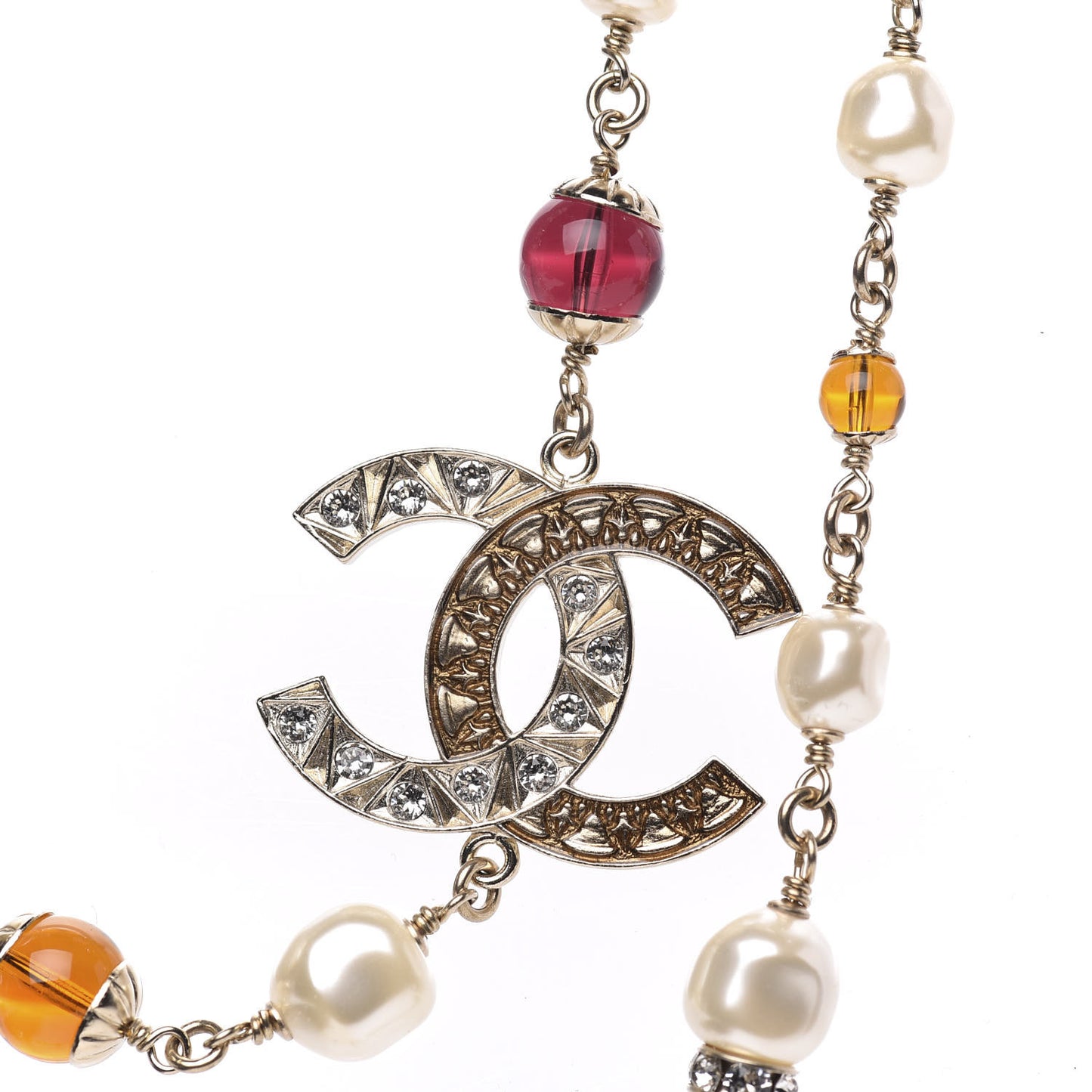 Pearl Beaded Crystal CC Long Necklace Gold Multi